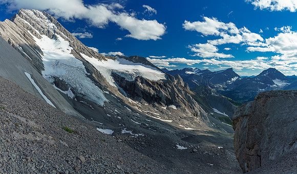 The left hand glacier is the access to the NW face direct and the right hand glacier is our access to the skyline West Ridge route.