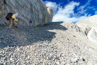 Looking back up the 'hidden' scree ramp descent from the spur. I have no idea how Dow found it but it works great.