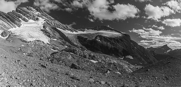 Late day lighting as we prepare to cross the moraines to our bivy - the two glaciers looking pretty bare.