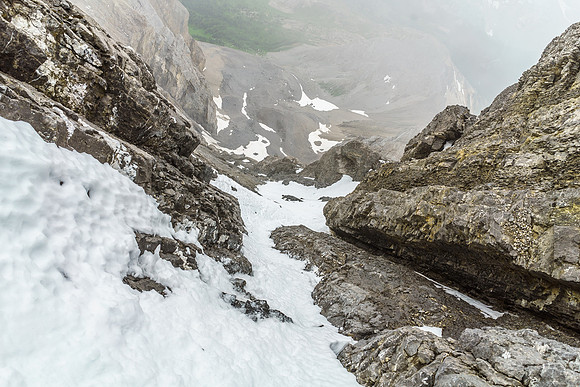 We followed this snow gully down the SW face, avoiding the 5th class terrain we ascended on the upper route.