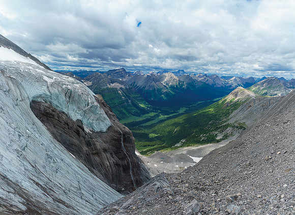 We got a nice breather at this scree bench about half way down the glacier. This is looking over our bivy site.