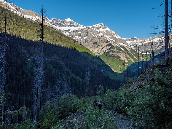 Hiking down the steep switchbacks on the handrail ridge's nose.