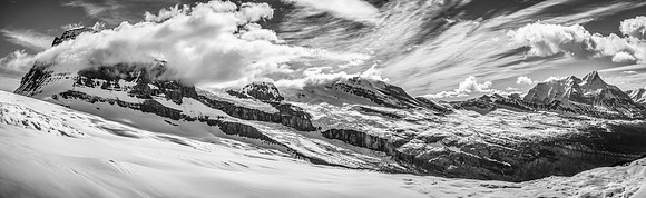 A unique view of the area around Mount Columbia (l), including her west face, west access glacier (c) and Mount Bryce (r).