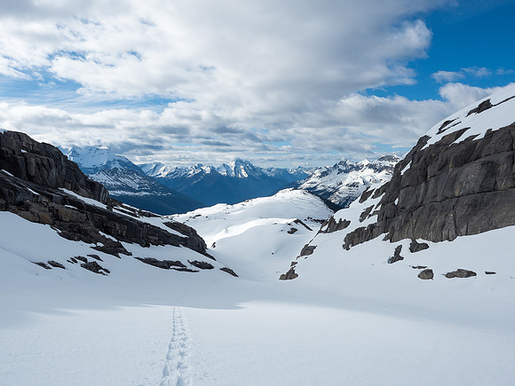 We accessed the col before the glacier via this nice draw between two minor high points.