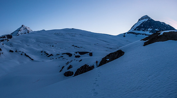 Looking back at Mike exiting from the alpine meadows with King Edward at left and Columbia at right.