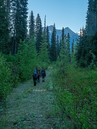 Descending the road.