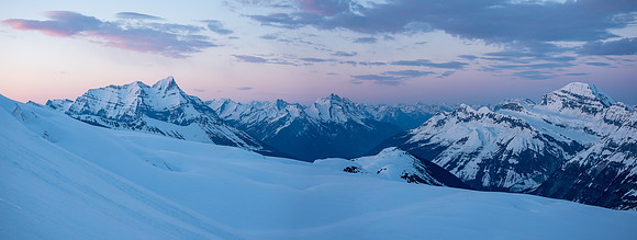 A gorgeous morning pano as I wait for Steven to clear the first moat, looking south to Bryce, Cockscomb and Pawn.