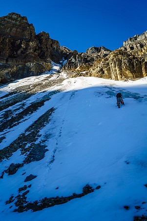 Trying to escape the rockfall in the first couloir as quickly as possible!