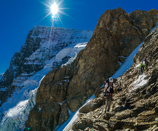 Camera lens is wet from the 2nd couloir but we are now downclimbing the ledges to the first couloir.