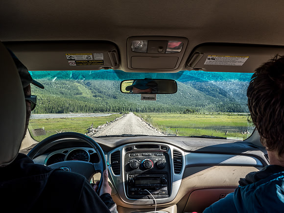 Driving across the Bush River inlet to Kinbasket Lake on the first section of the Sullivan River FSR.