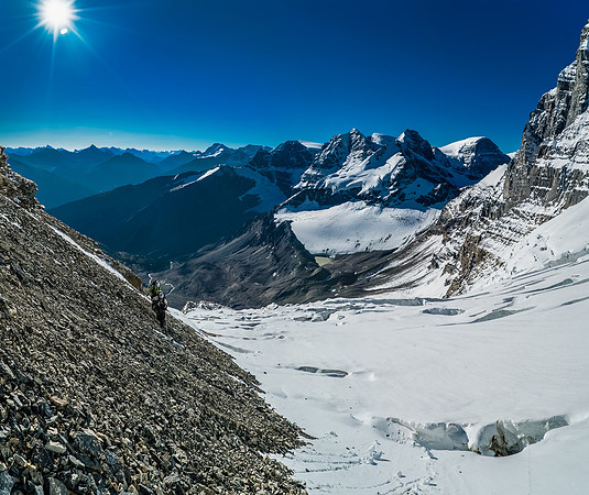 Starting the loose side-hill traverse to the Diadem / Woolley col.