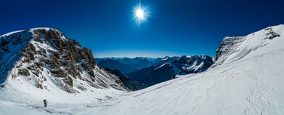 Looking back at our approach line with Diadem Peak rising at left. We are keenly aware that we must get higher than this peak on Woolley