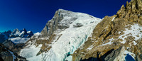 Looking up the ledge traverse to the just visible second couloir and the Woolley Glacier to it's left, from the top of the narrow access gully.