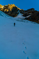 The low-angle first couloir is straight ahead, but again we have to detour (climber's right) to get there. Note the rock fall on the right hand side of it?