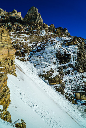 Looking across the couloir as I exit it. Those ice chunks kept falling all day and bombarded the couloir below.