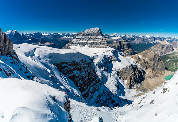 Dizzying exposure down the west face towards Mount Alberta and it's north face.