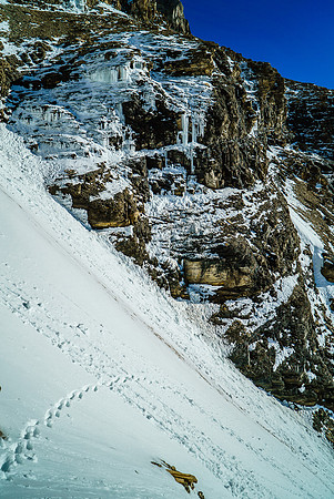 Looking across the couloir as I exit it. Those ice chunks kept falling all day and bombarded the couloir below.