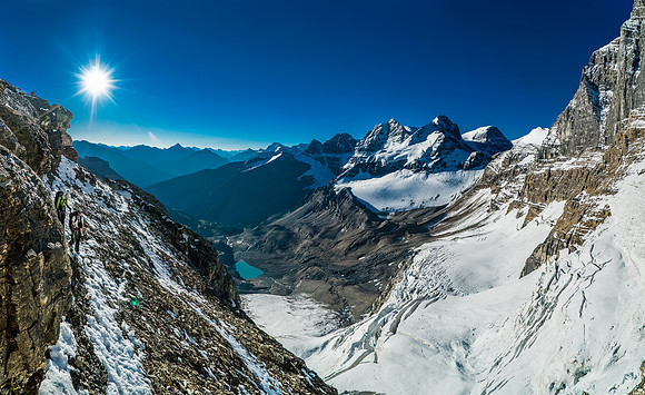 Starting the ledge traverse.