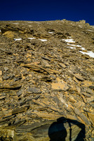 Looking up at the endless scree slog awaiting us.