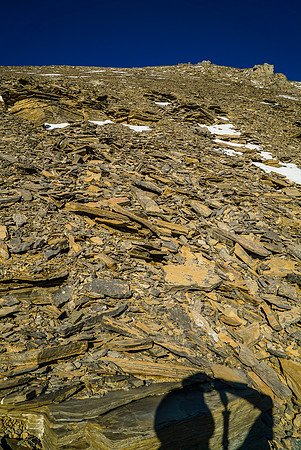 Looking up at the endless scree slog awaiting us.