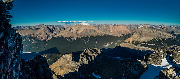 Looking east off the summit towards Sunwapta and Tangle Ridge (R) across hwy #93.