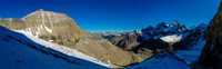 Traversing snow covered scree to the Diadem / Mushroom Glacier. Mushroom Peak towers over us now at left.