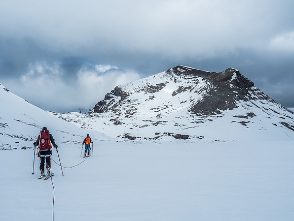 Finally skiing a direct line towards our objective and the Rearguard Meadows.