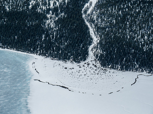 The Hargreaves shelter is down there somewhere at the mouth of Toboggan Creek which comes down the drainage visible in the trees.