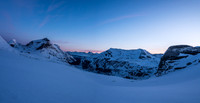 Looking back from the glacier with Anne-Alice, Rearguard, Tatei Ridge and Extinguisher Tower from L to R.