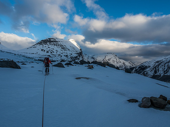 Skinning to our camping site with Rearguard stretching out in the background.