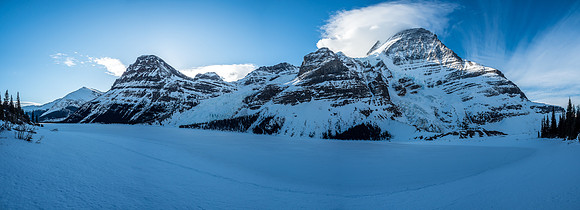 A look back over Berg Lake as we exit the area. From R to L, Robson, Mist Glacier, Helmet, Waffl, Berg Glacier, Rearguard and Titkana.