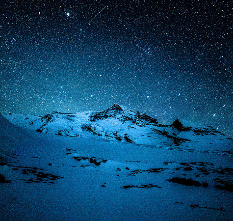 A clear sky over Mount Robson from camp.