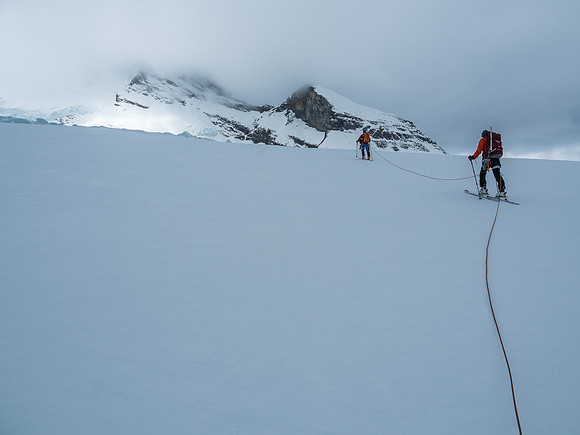 The slope steepens near the top of the icefall at about the same height as Extinguisher Tower.