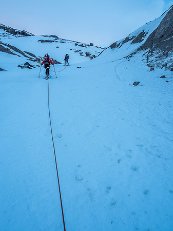 Steep skinning up moraines just off the glacier (climber's left) here.