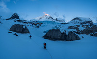 As we skinned past the ice caves Robson started catching alpine glow high above us. Extinguisher Tower at left, Robson at center and Rearguard at right.