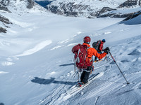 Scoping our line down the steepest and most exposed (to icefall) part of the descent. You can just make our our switchbacks below.