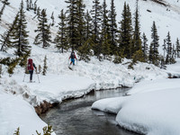 Just past the Emperor Falls campground, skiing along the Robson River flats before Berg Lake but done most of our elevation gains now.