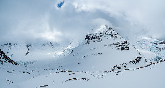 Ben and Mike skin up Rearguard behind me with Waffl and part of the route to The Helmet (R) in the background.