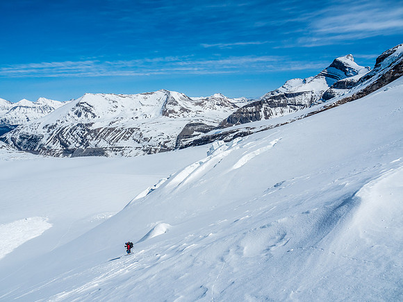 Ben skis down through crevasses and some ice debris from seracs above us. We didn't linger on this slope... ;)