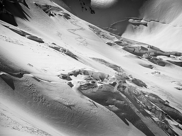 Our ski tracks through the ramp showing our avoidance of crevasses nicely thanks to Ben's GPS track from two week previous.