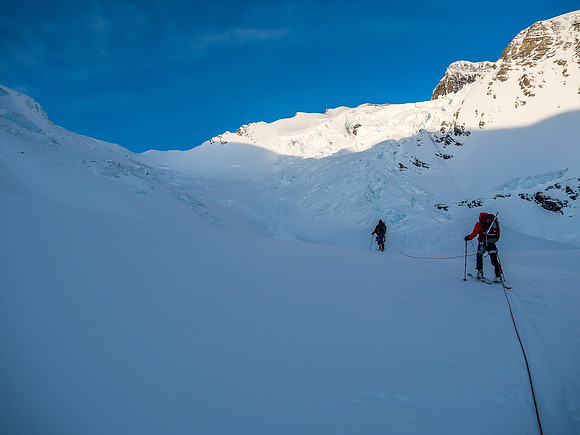 Skiing below the Mousetrap. We'll go left here to work our way through crevasses and seracs visible at upper left.
