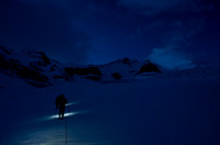The rope is on as we head up the left side of the Robson Glacier. The Extinguisher Tower visible at right.