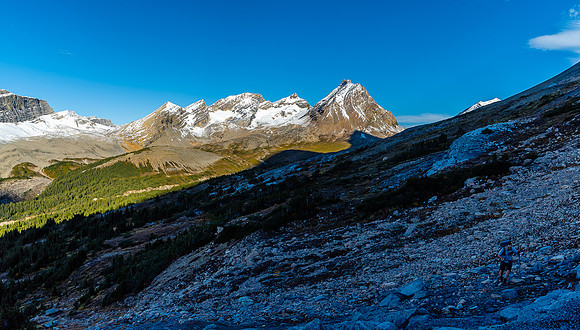 Traversing the east side of the valley, looking back at Cataract Pass (L) and Guardgoat Peak (C).