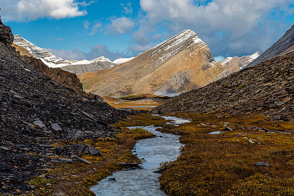 Hiking down the Brazeau River from Cataract Pass. "Nosecone Peak" in the distance.