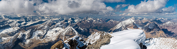 Views north over Cataract Pass (L) include the Columbia Icefields (L), Sunwapta and Willis.
