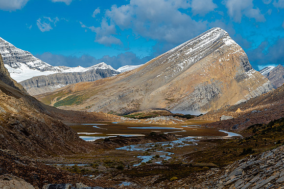 Hiking down the Brazeau River from Cataract Pass. "Nosecone Peak" in the distance.