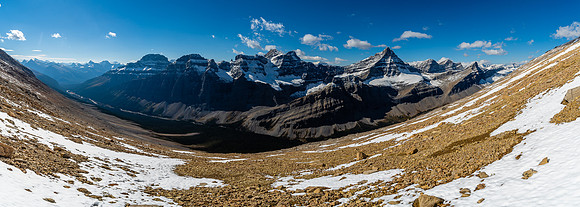 Looking back at the valley with the Cirrus Ramparts and Mount Cirrus and Tuft Peak rising beyond.