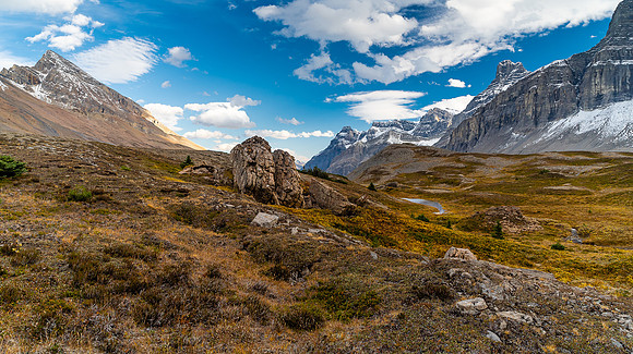 Scenic alpine meadows near the head of Cataract Creek. Mount Stewart rises on the left.
