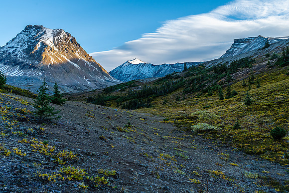 Looking back up to Mount Willis (C) and Cline Pass. Guardgoat at left.