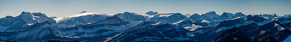 The Columbia Icefield from Athabasca (L) to Snow Dome, Kitchener, Alberta, Woolley and Diadem.